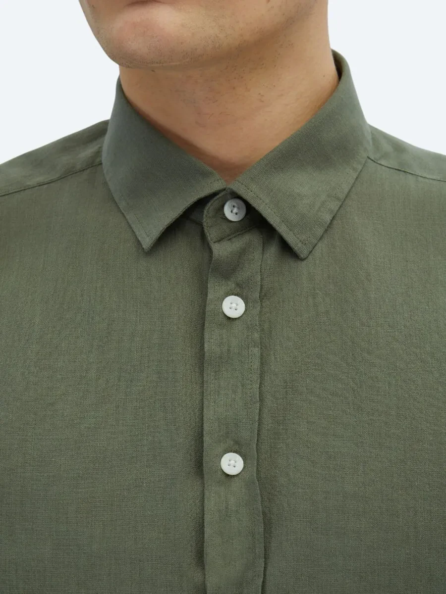 Khaki Plain Weaving Casual 100% Cotton Shirt - 5
