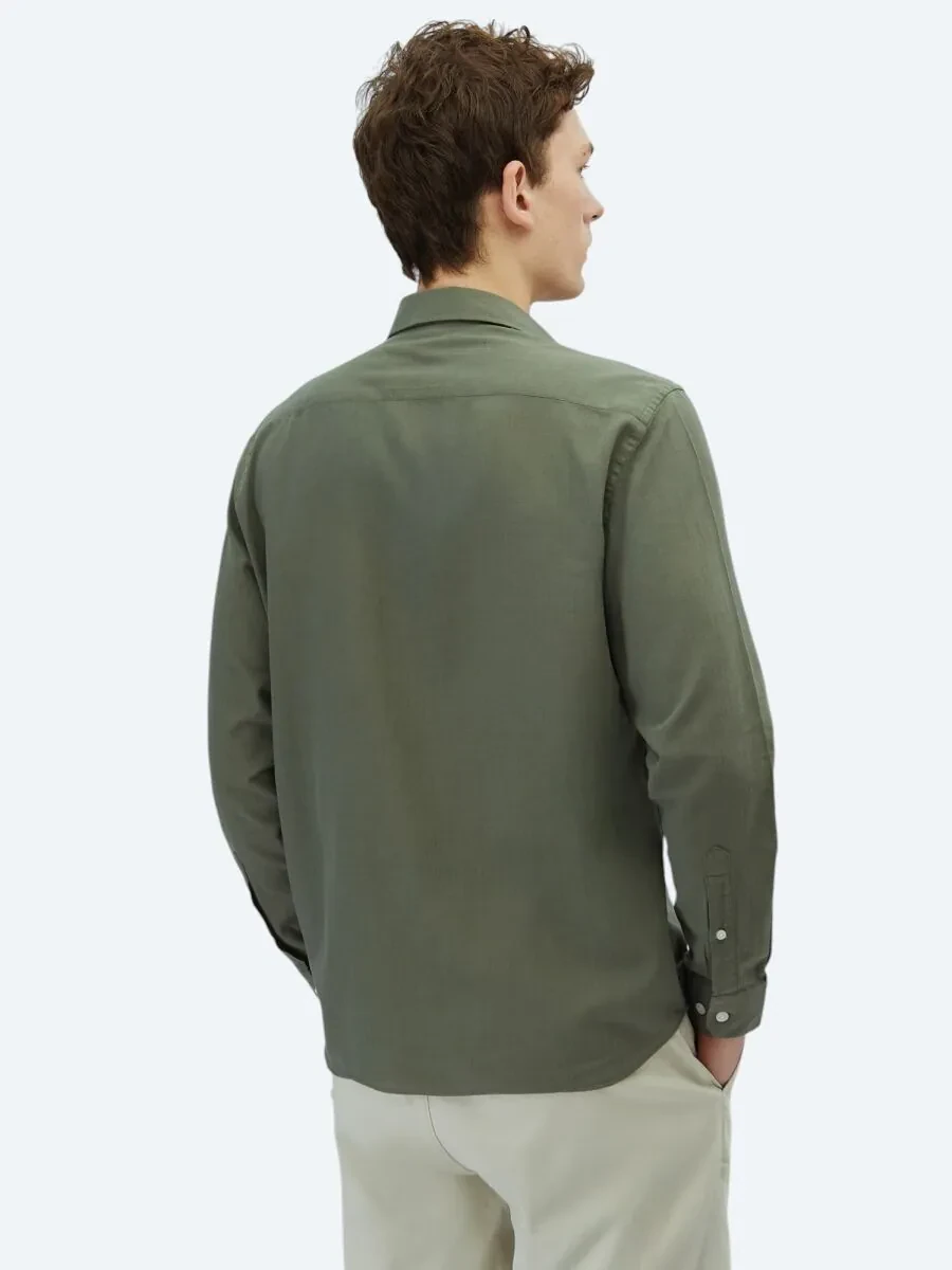 Khaki Plain Weaving Casual 100% Cotton Shirt - 6