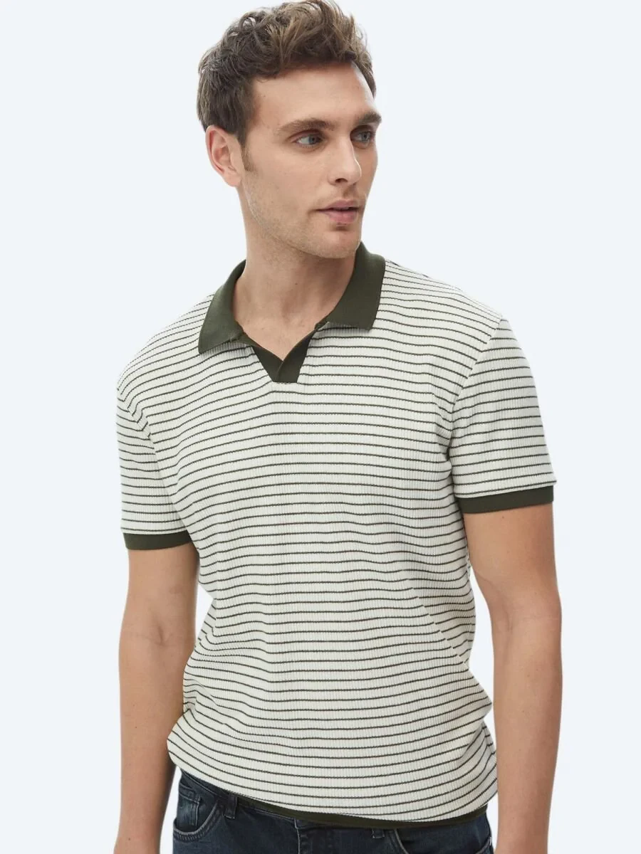 Khaki Printed Polo Neck Cotton Blended T-Shirt - 1