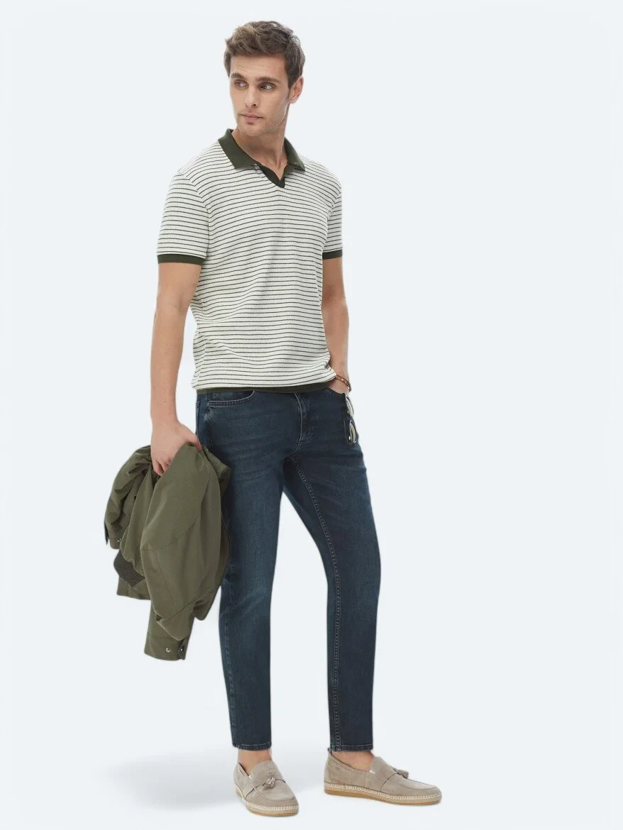 Khaki Printed Polo Neck Cotton Blended T-Shirt - 2