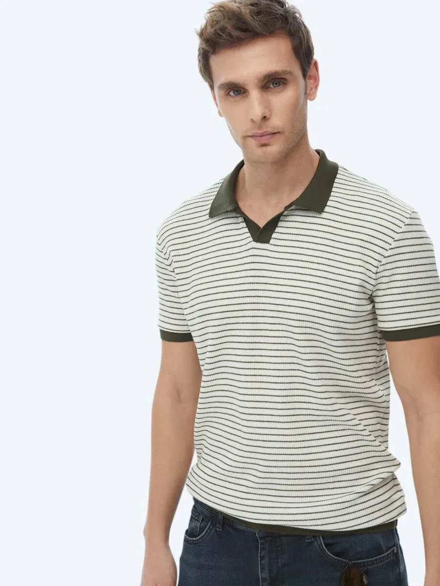 Khaki Printed Polo Neck Cotton Blended T-Shirt - 3