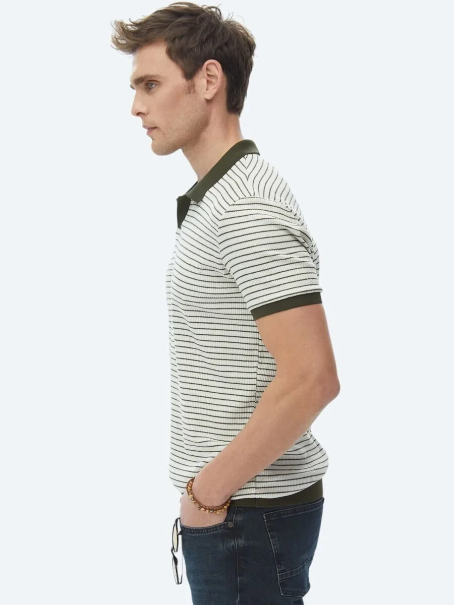 Khaki Printed Polo Neck Cotton Blended T-Shirt - 4