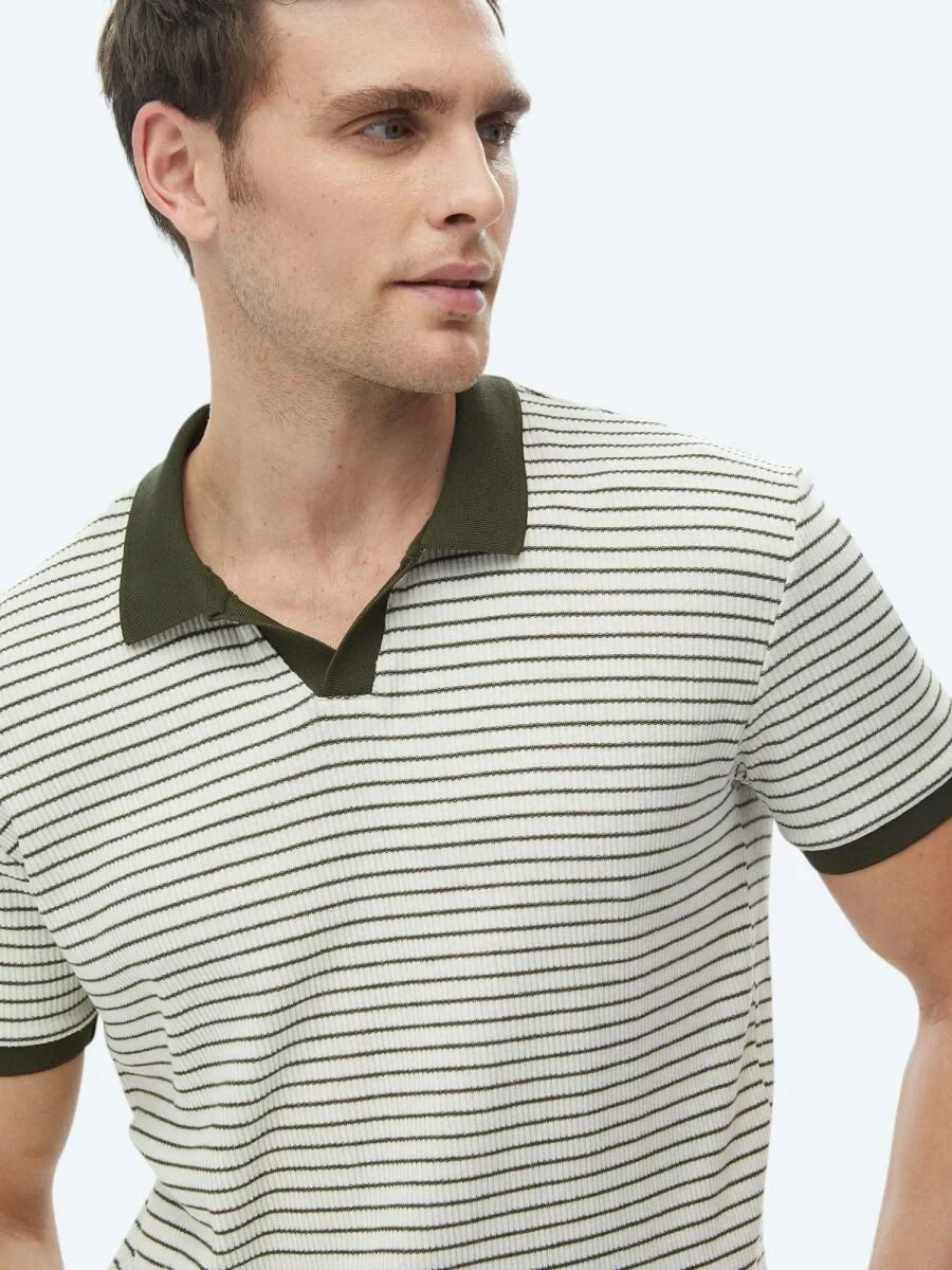 Khaki Printed Polo Neck Cotton Blended T-Shirt - 5