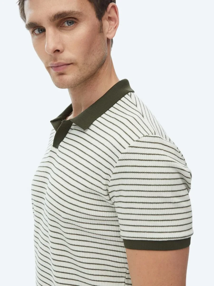 Khaki Printed Polo Neck Cotton Blended T-Shirt - 7