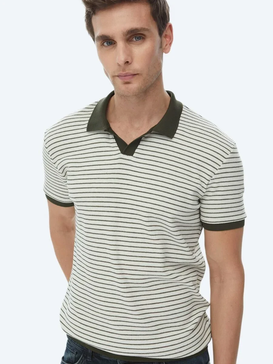 Khaki Printed Polo Neck Cotton Blended T-Shirt - 8