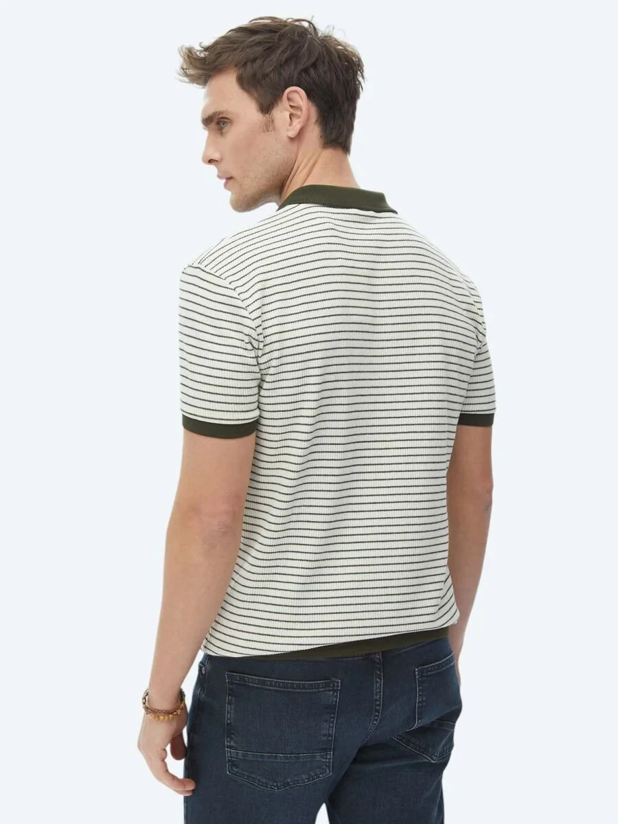 Khaki Printed Polo Neck Cotton Blended T-Shirt - 10