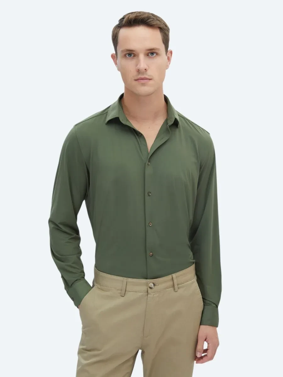 Khaki Regular Fit Knitting Casual Shirt - 1