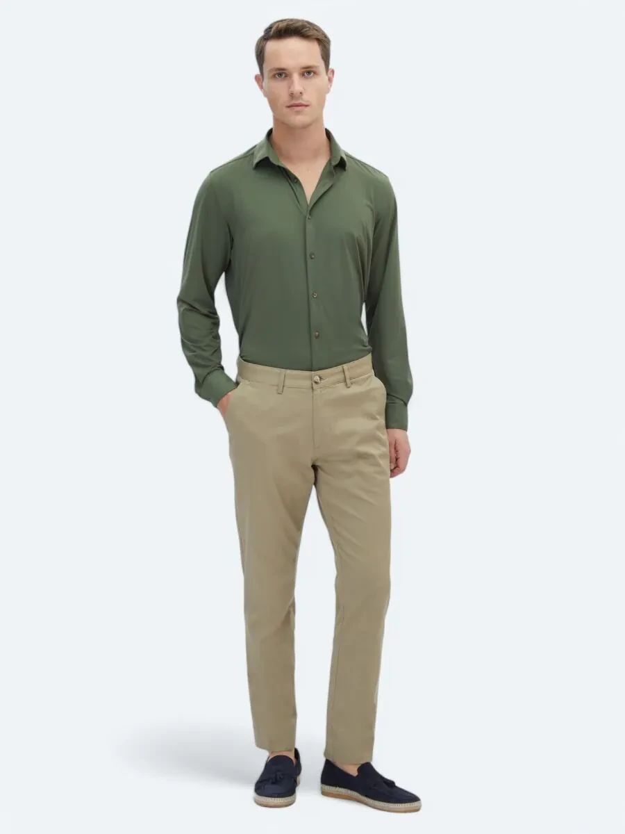 Khaki Regular Fit Knitting Casual Shirt - 2