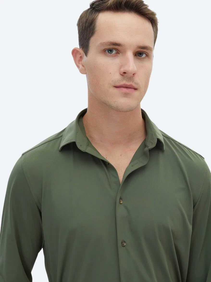 Khaki Regular Fit Knitting Casual Shirt - 3