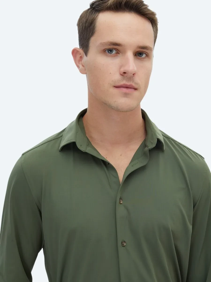 Khaki Regular Fit Knitting Casual Shirt - 3