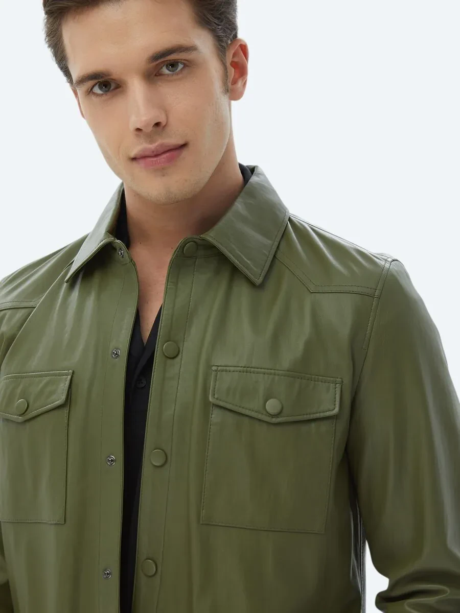 Khaki Sheep Leather Leather Coat - 5