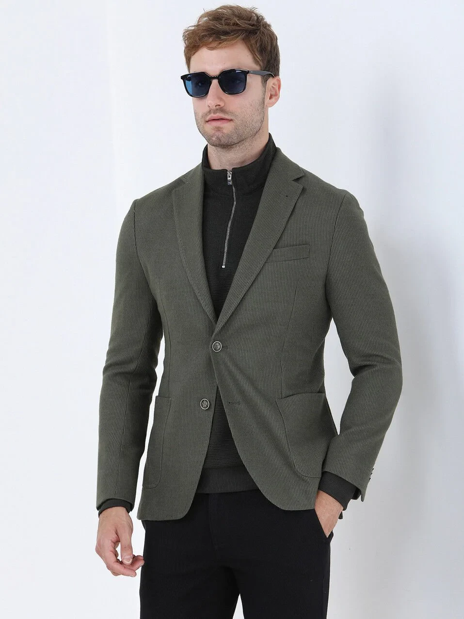 Khaki Striped Modern Fit Jacket - 1