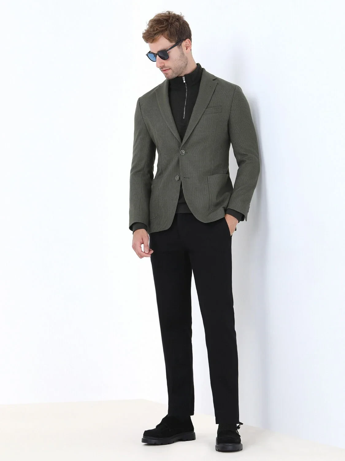 Khaki Striped Modern Fit Jacket - 2