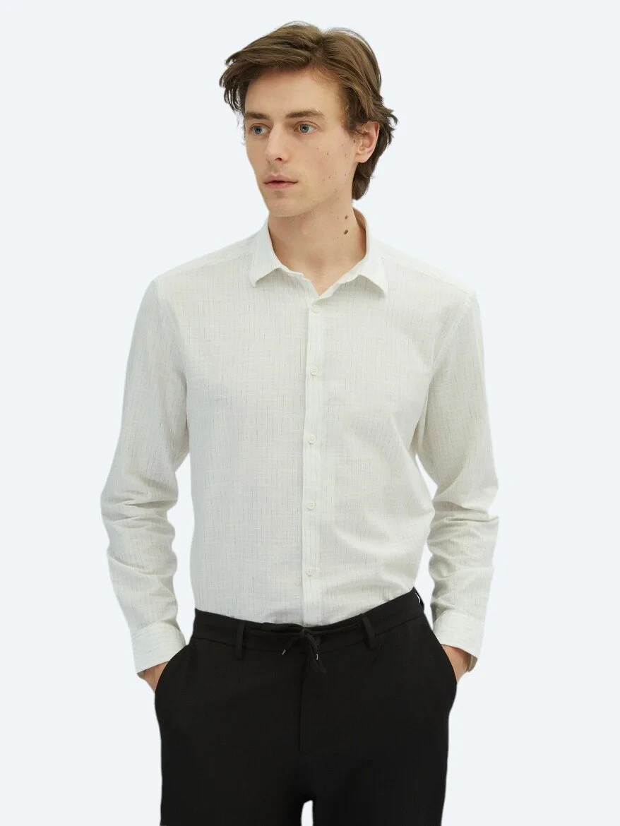 Khaki Striped Regular Fit Weaving Casual 100% Cotton Shirt - 1