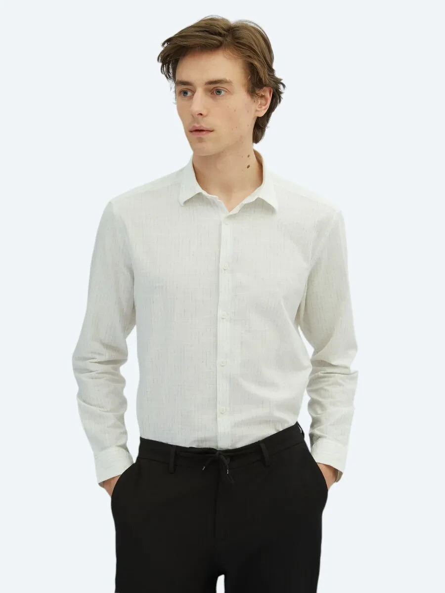 Khaki Striped Regular Fit Weaving Casual 100% Cotton Shirt - 1