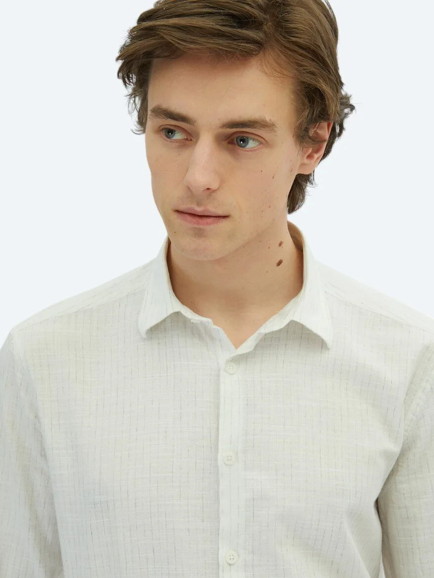 Khaki Striped Regular Fit Weaving Casual 100% Cotton Shirt - 3