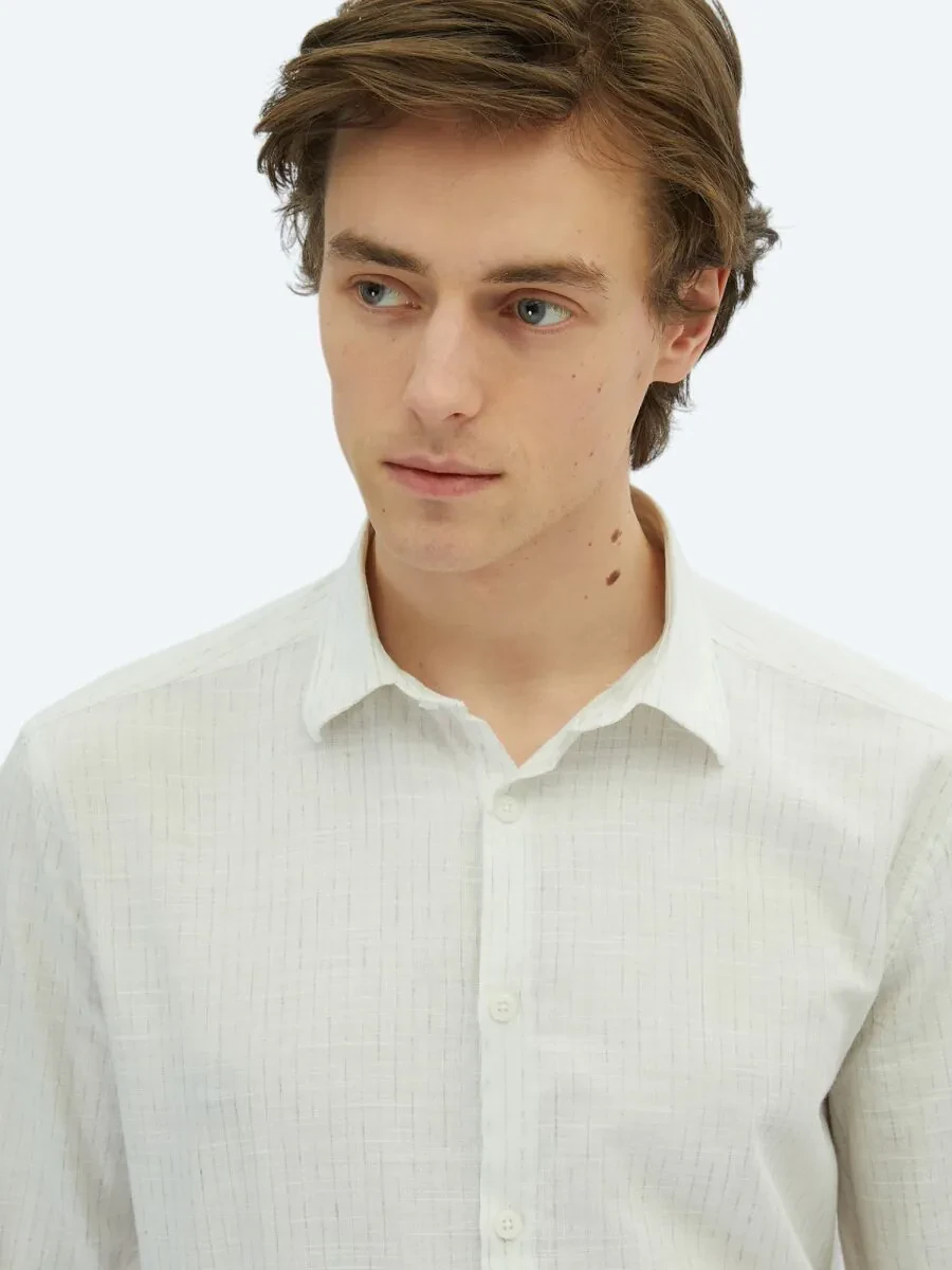 Khaki Striped Regular Fit Weaving Casual 100% Cotton Shirt - 3