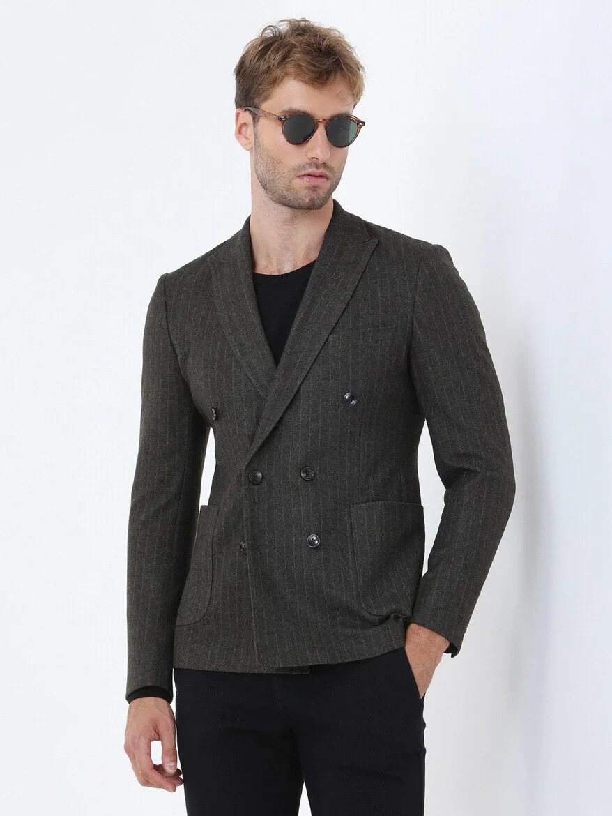 Khaki Striped Slim Fit Jacket - 1