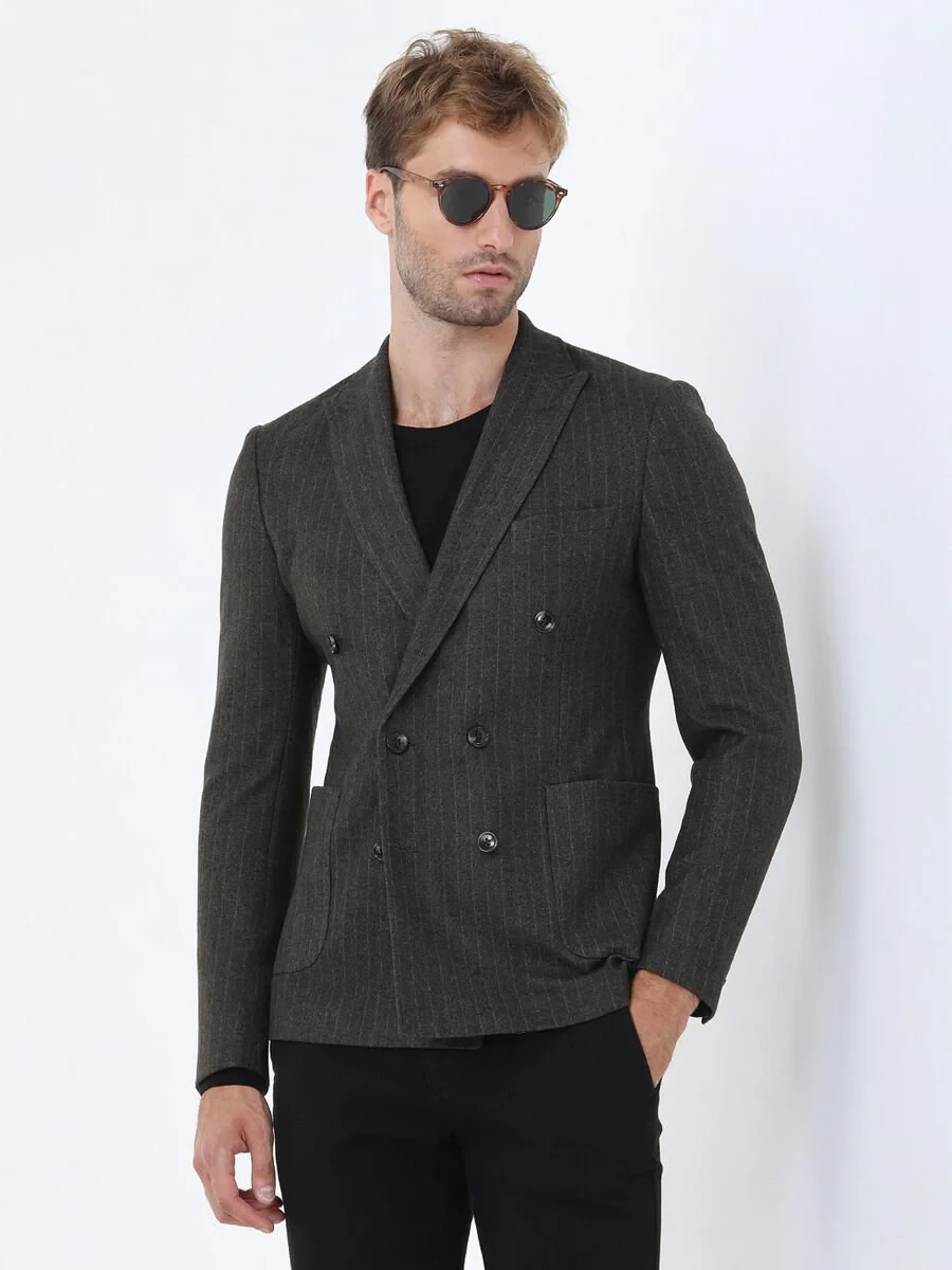 Khaki Striped Slim Fit Jacket - 1