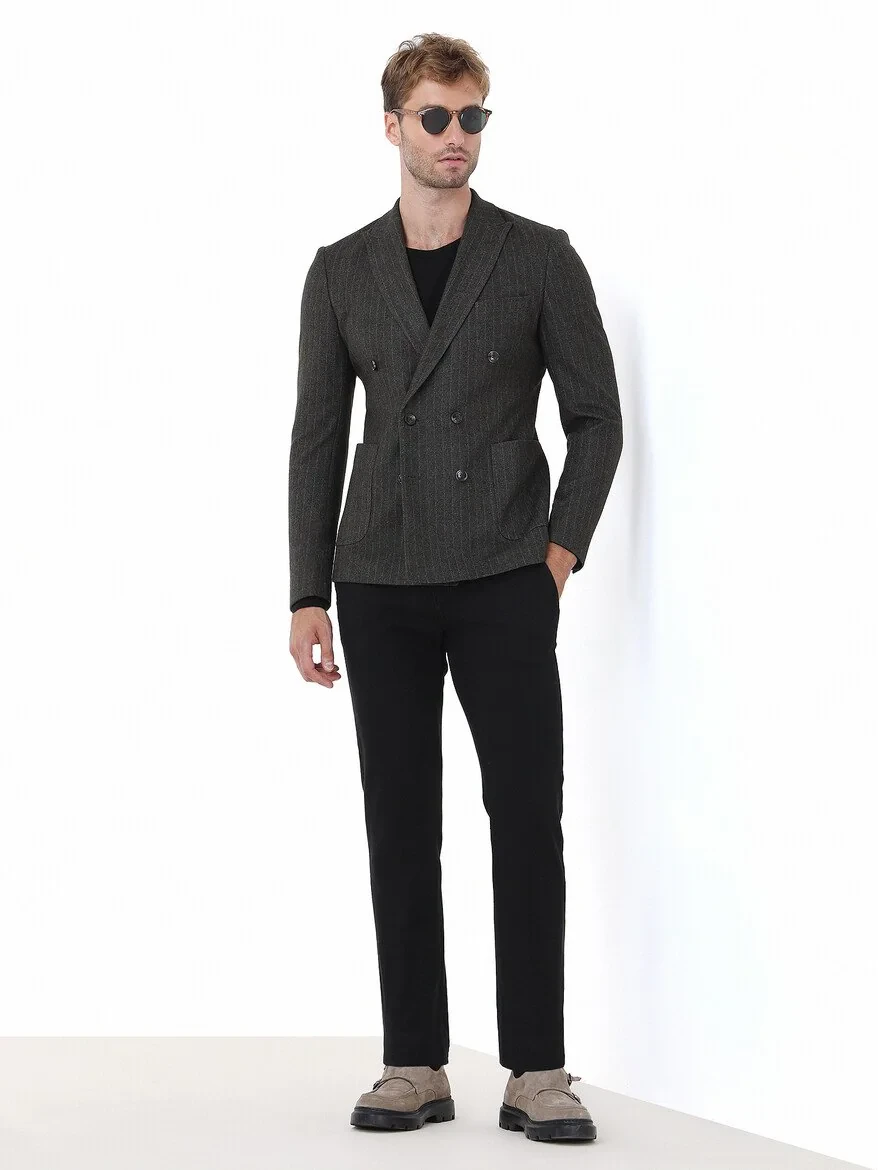 Khaki Striped Slim Fit Jacket - 2