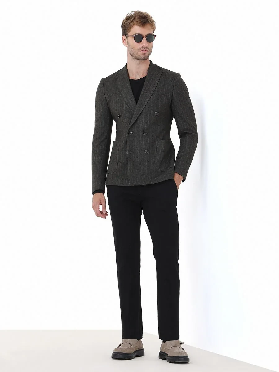 Khaki Striped Slim Fit Jacket - 2