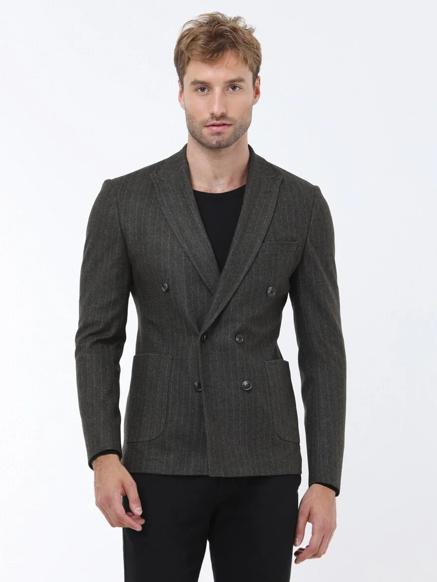 Khaki Striped Slim Fit Jacket - 3