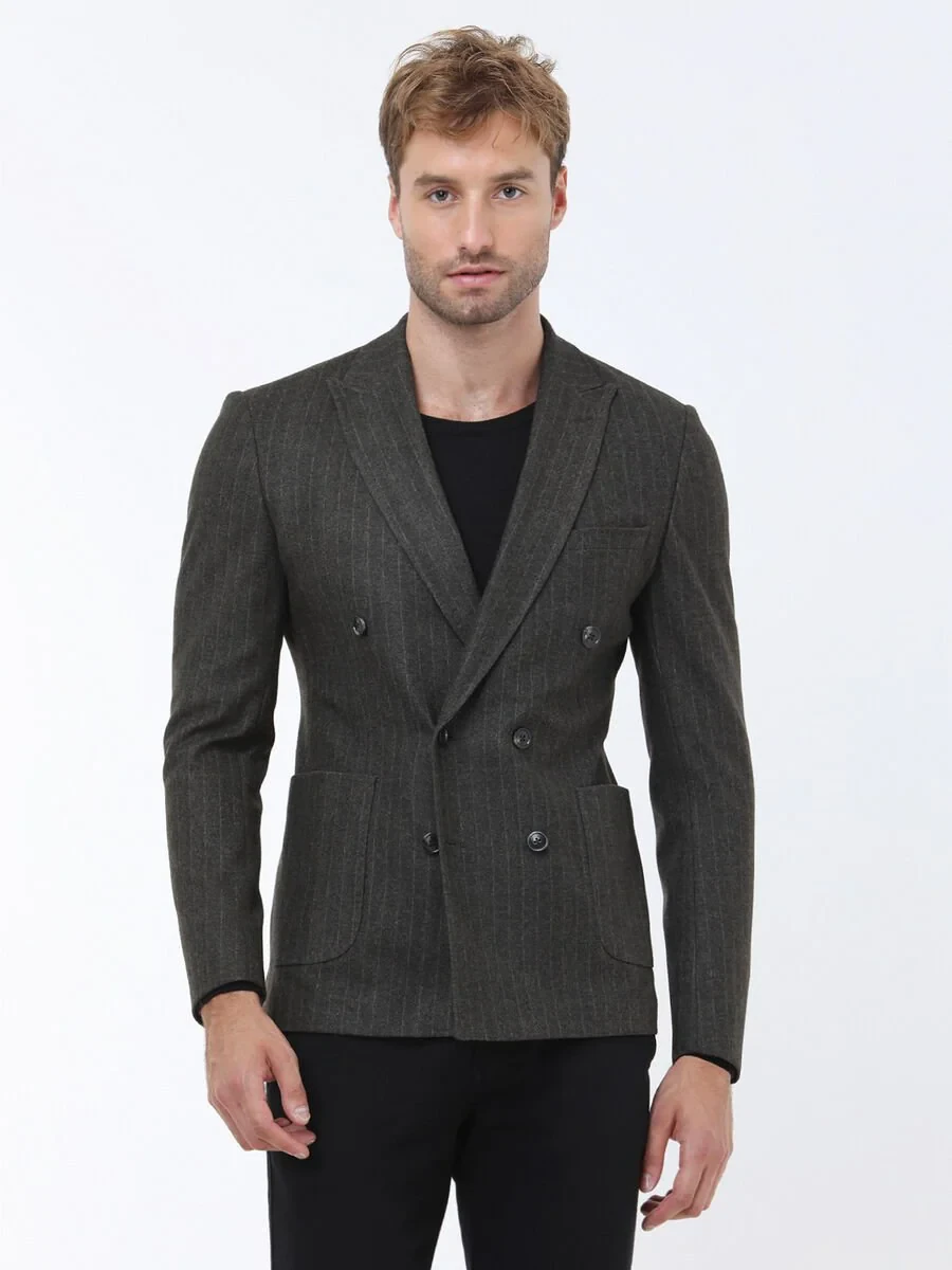 Khaki Striped Slim Fit Jacket - 3