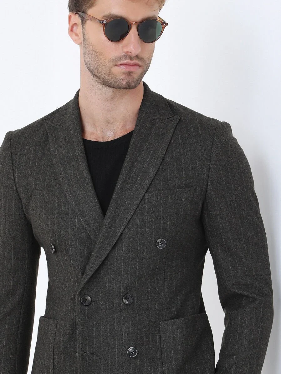 Khaki Striped Slim Fit Jacket - 4