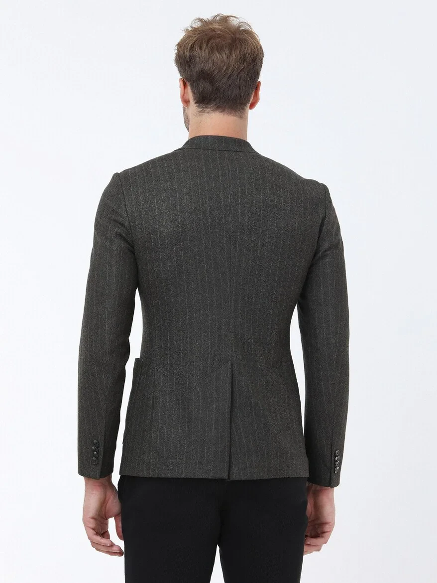 Khaki Striped Slim Fit Jacket - 7