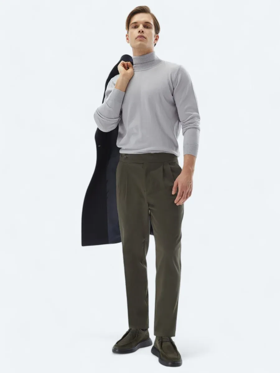 Khaki Weaving Carrot Fit Casual Cotton Blended Trousers - 1