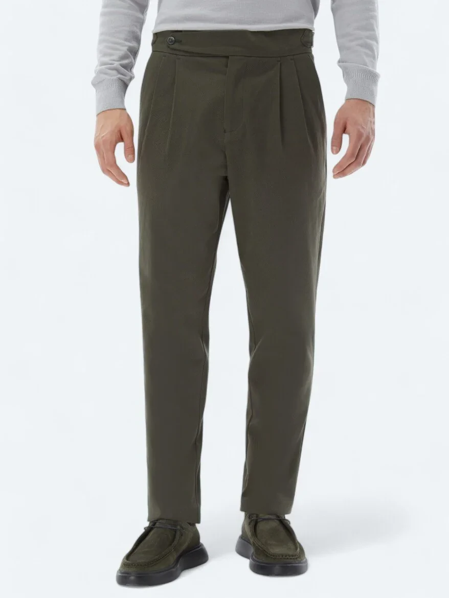 Khaki Weaving Carrot Fit Casual Cotton Blended Trousers - 2