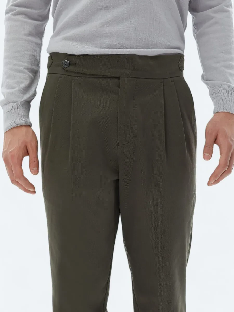 Khaki Weaving Carrot Fit Casual Cotton Blended Trousers - 3