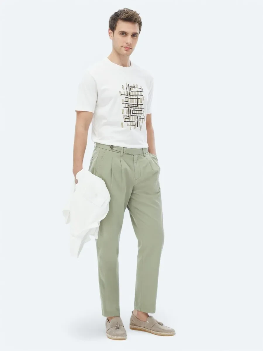 Khaki Weaving Carrot Fit Smart Casual 100% Cotton Trousers - 1