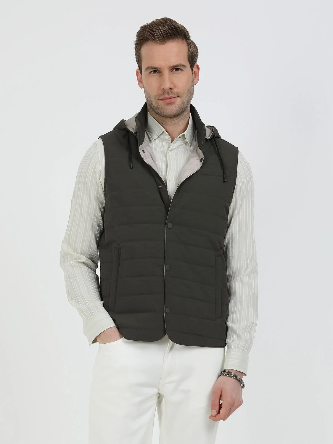 Khaki Weaving Puffer Vest - 1