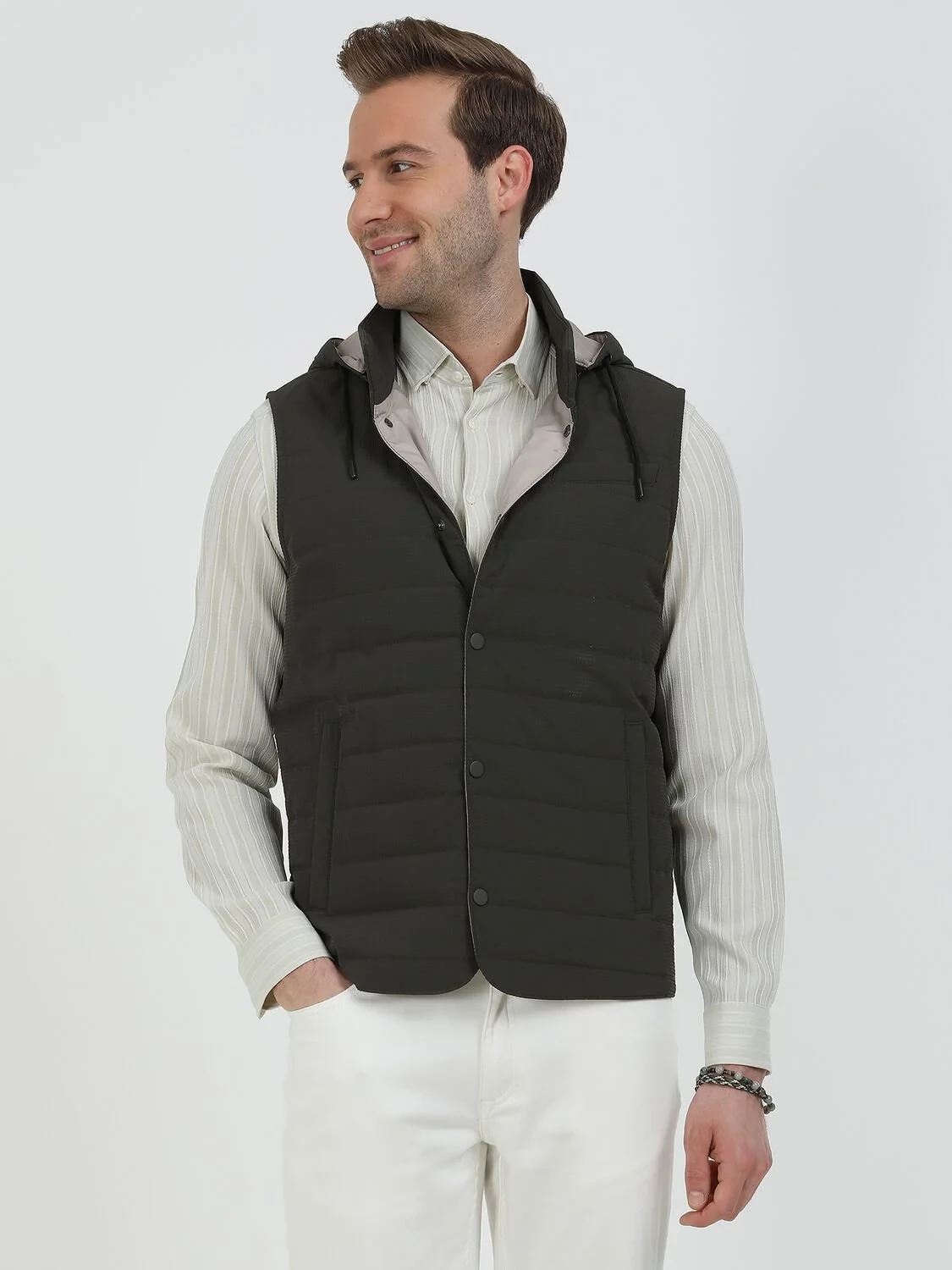 Khaki Weaving Puffer Vest - 4