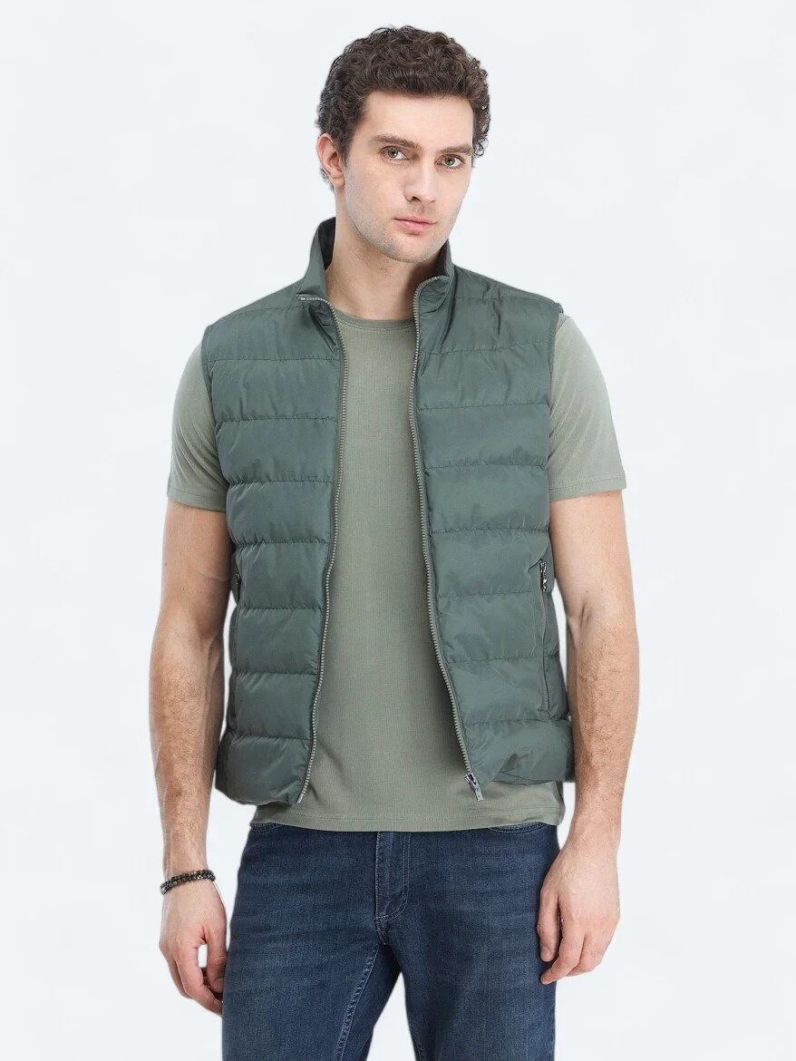 Khaki Weaving Puffer Vest - 1