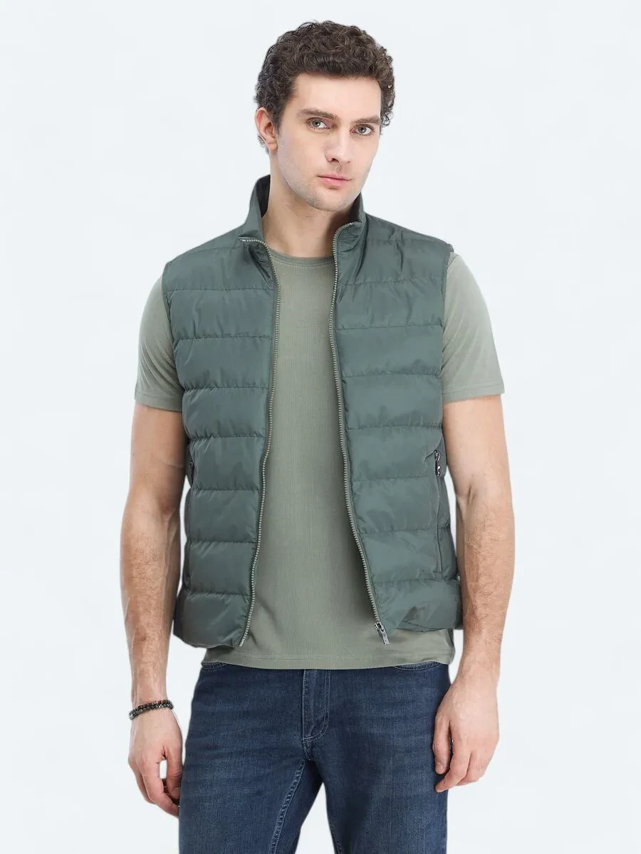 Khaki Weaving Puffer Vest - 1