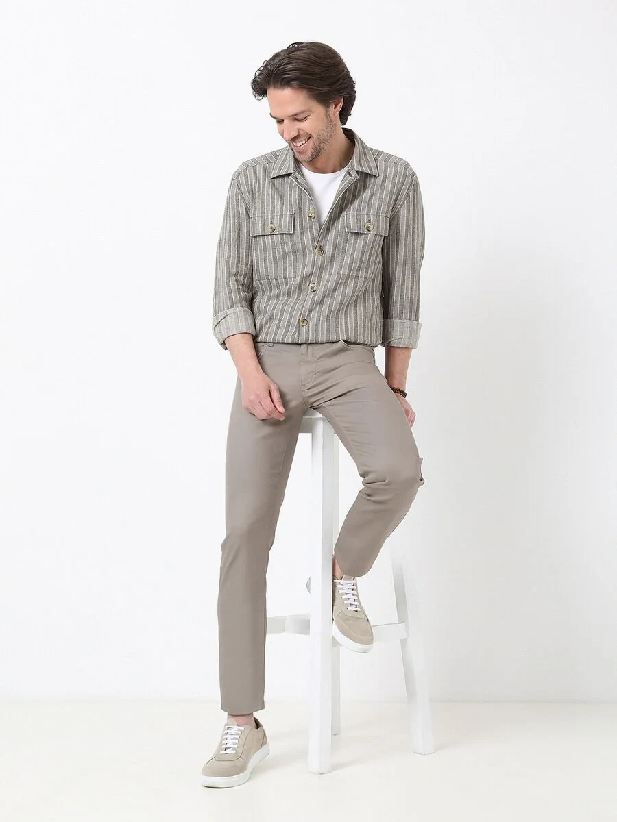 Khaki Weaving Regular Fit Casual Cotton Blended Trousers - 1