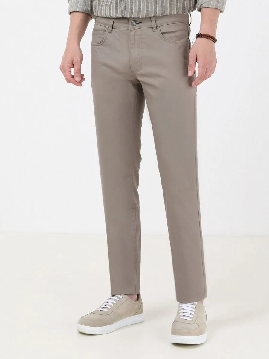 Khaki Weaving Regular Fit Casual Cotton Blended Trousers - 2
