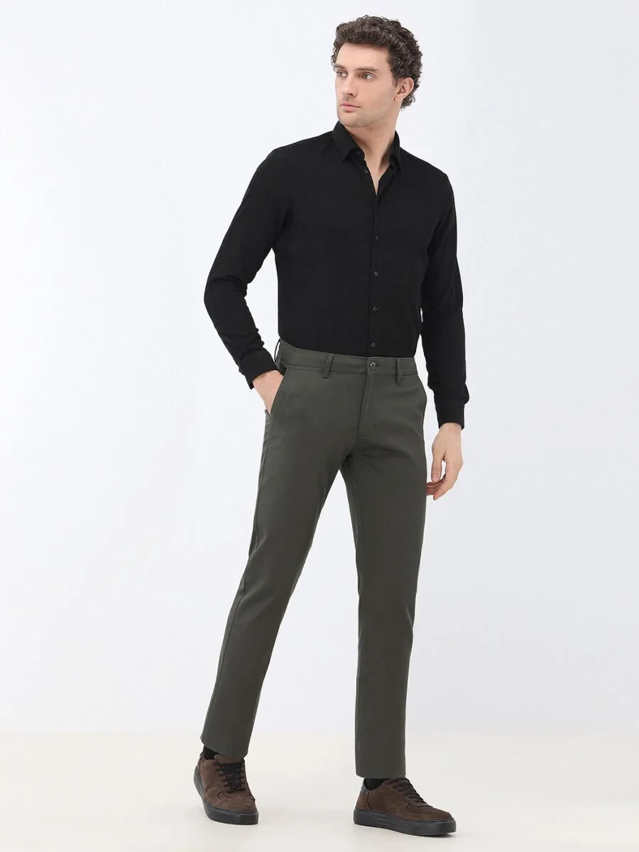Khaki Weaving Regular Fit Casual Cotton Blended Trousers - 1