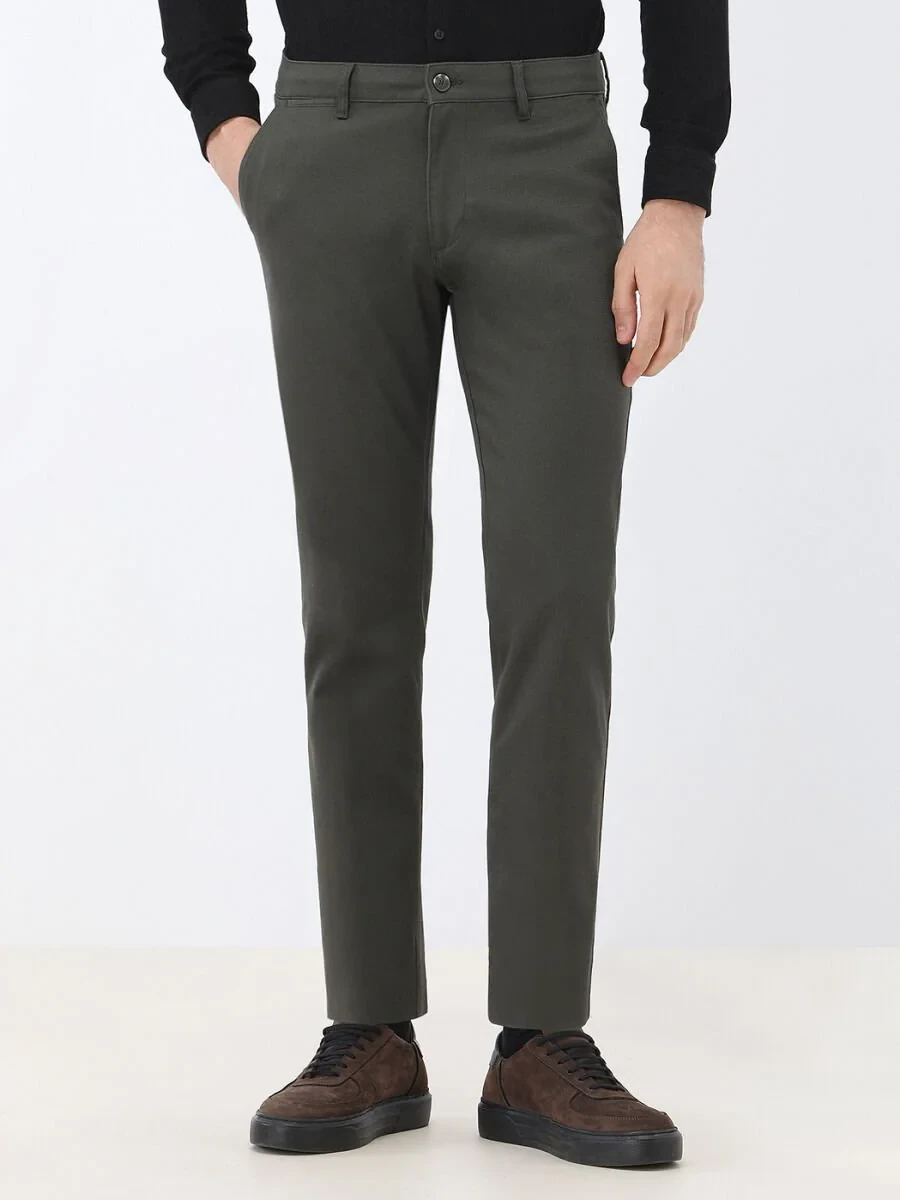 Khaki Weaving Regular Fit Casual Cotton Blended Trousers - 2