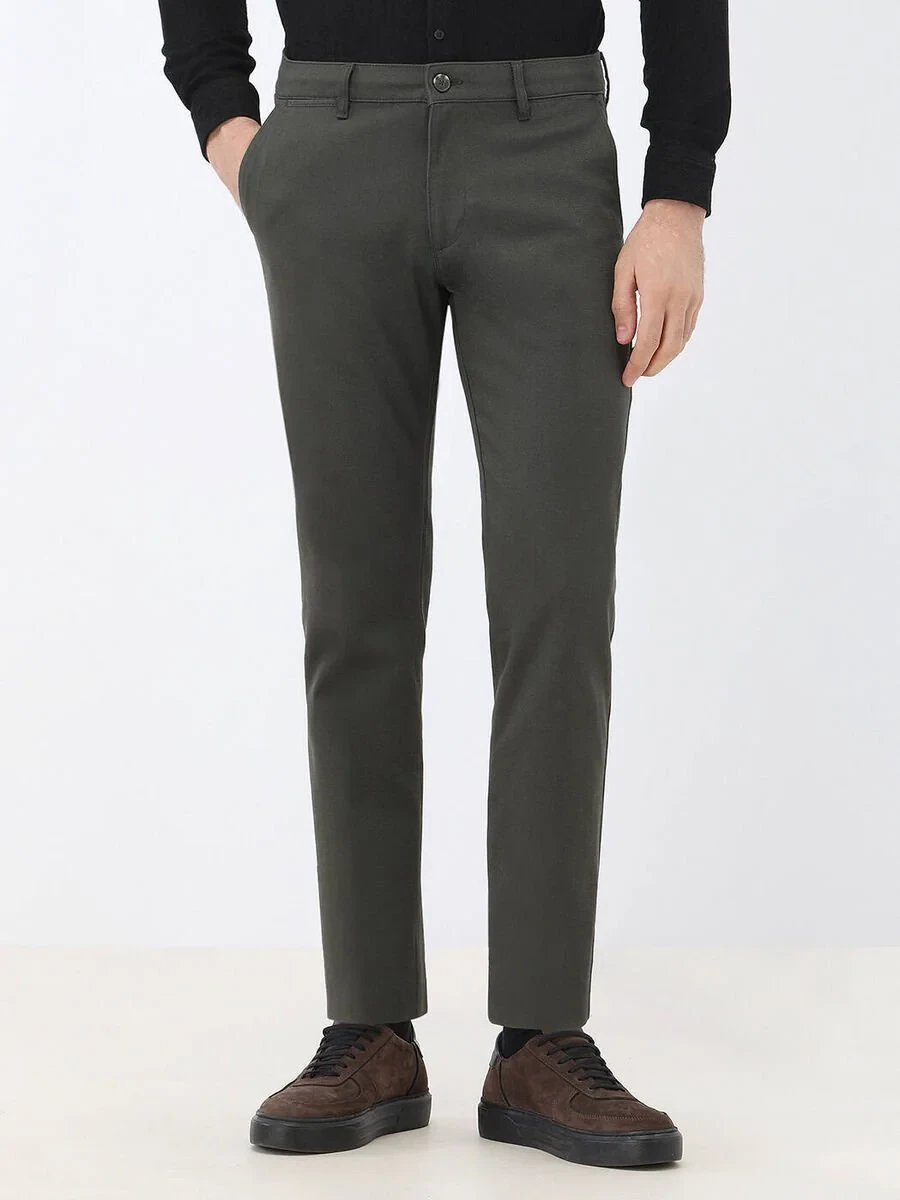 Khaki Weaving Regular Fit Casual Cotton Blended Trousers - 1