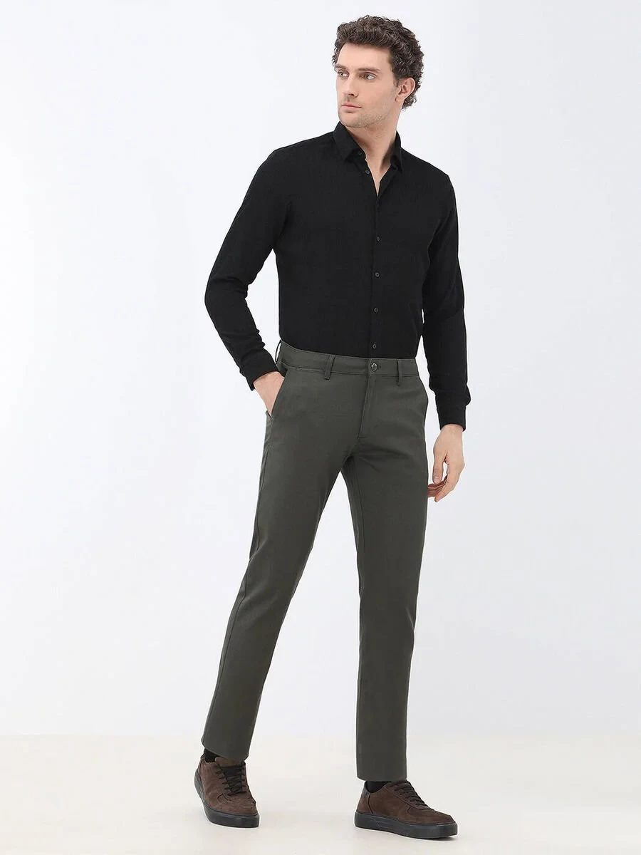 Khaki Weaving Regular Fit Casual Cotton Blended Trousers - 2