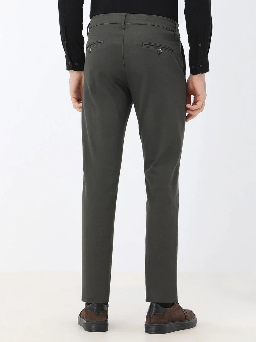 Khaki Weaving Regular Fit Casual Cotton Blended Trousers - 4