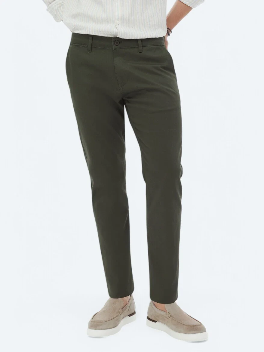 Khaki Weaving Regular Fit Casual Cotton Blended Trousers - 3