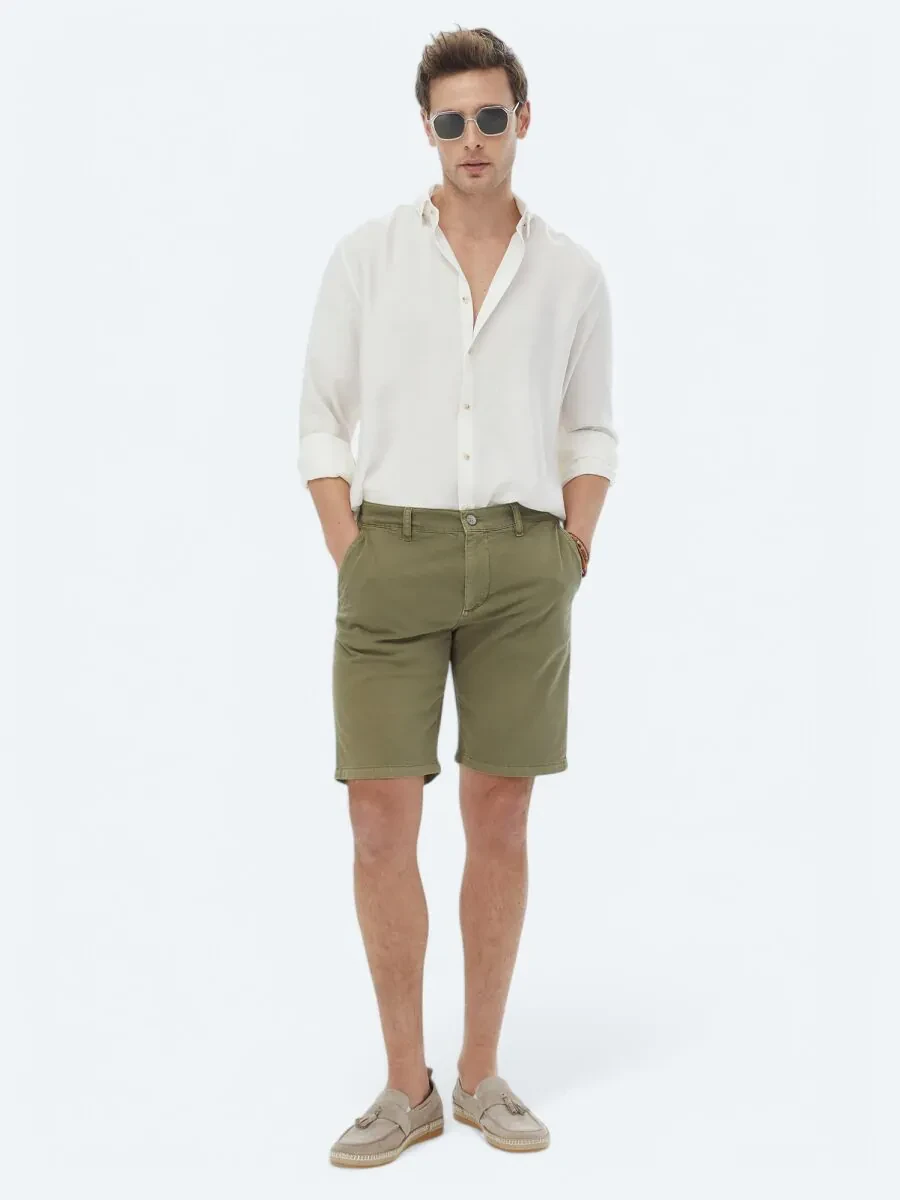 Khaki Weaving Slim Fit Casual Cotton Blended Bermuda - 1