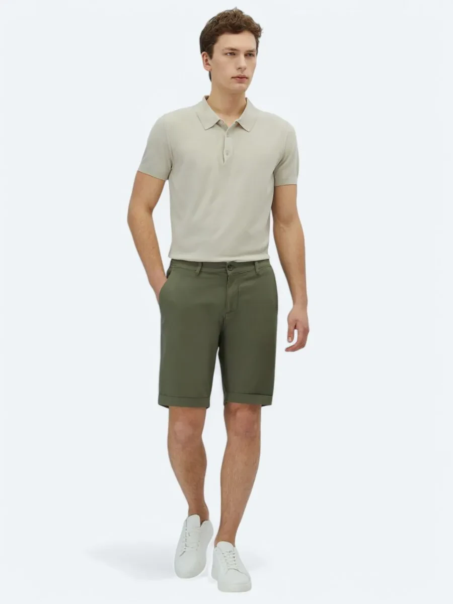 Khaki Weaving Slim Fit Casual Cotton Blended Bermuda - 1