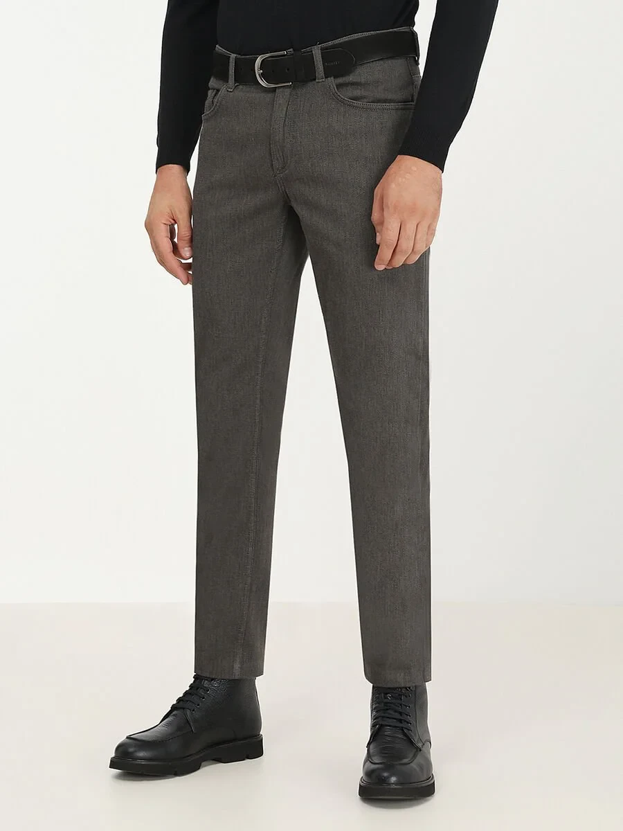 Khaki Weaving Slim Fit Casual Cotton Blended Trousers - 1