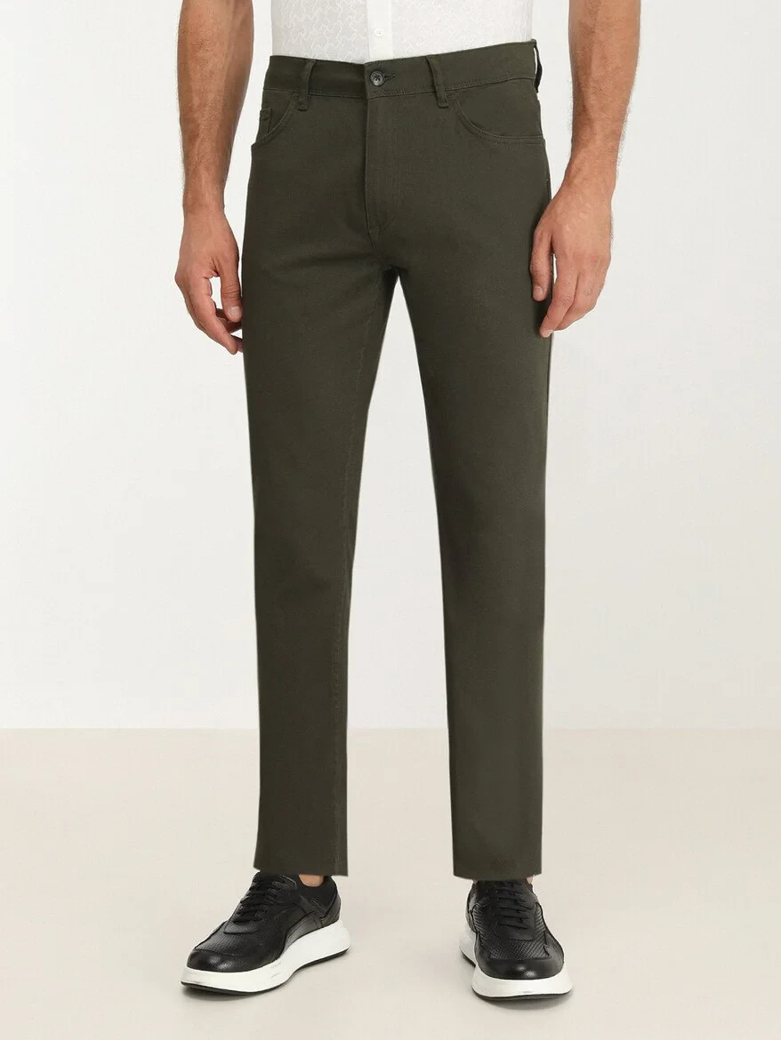 Khaki Weaving Slim Fit Casual Cotton Blended Trousers - 1