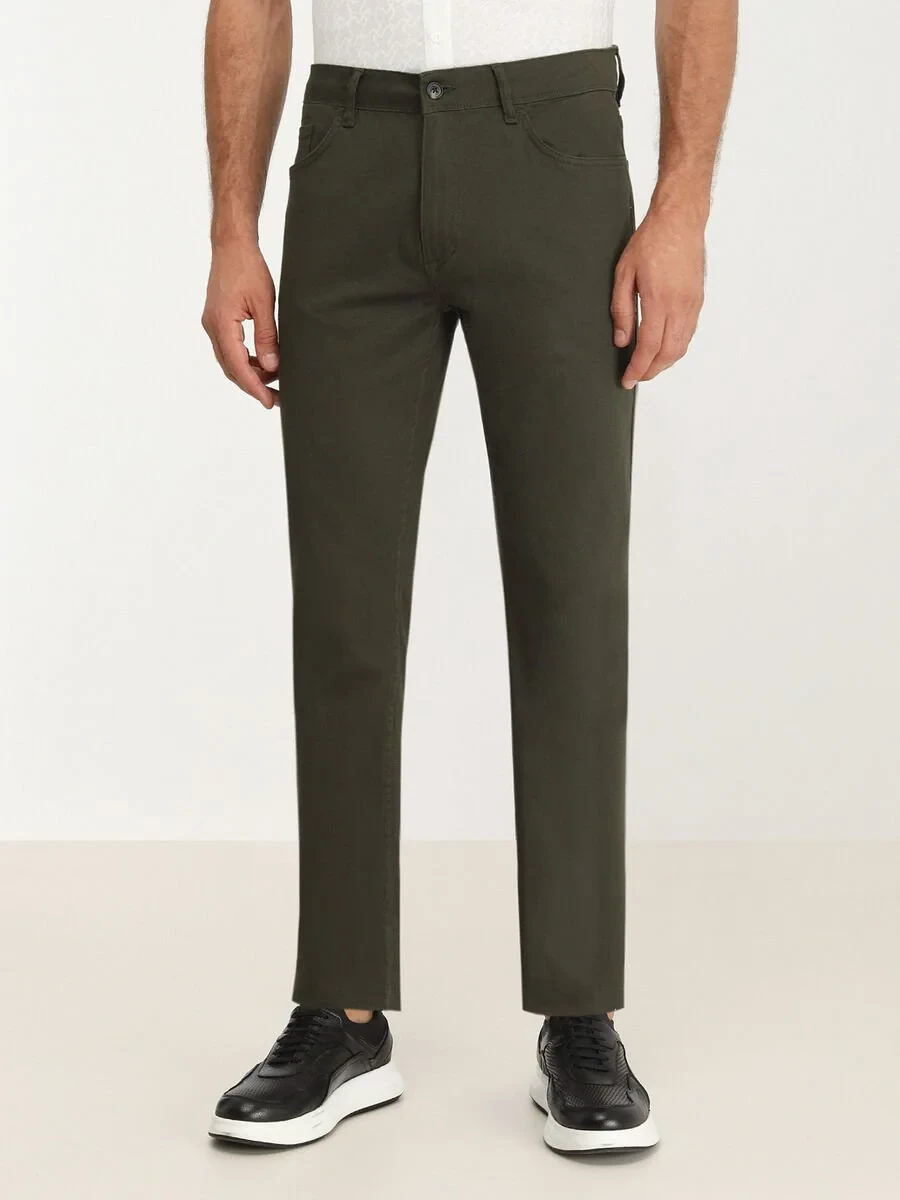 Khaki Weaving Slim Fit Casual Cotton Blended Trousers - 1